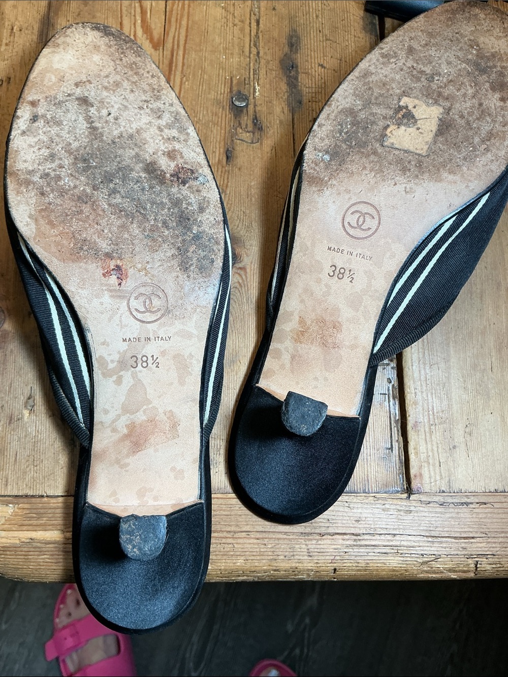 CHANEL vintage Black suede and satin Slip-On Mules with Gold Logo - Picture 2 of 4